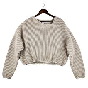 Neutral Ground Womens Chunky Knit Cropped Pullover Sweater L Oatmeal Cotton